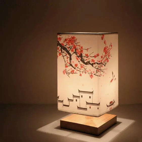 Vintage Chinese Style Wooden Table Lamp Retro Landscape Painting Desk Lamp Lights for Room Decoration Personality Beside Lamp