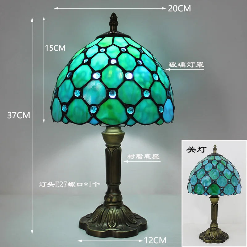 Handmade Stained Glass Table Lamp E27 Retro Lampshade Mediterranean Style Table Light Bedroom Bedside Nightstand Decor Lighting