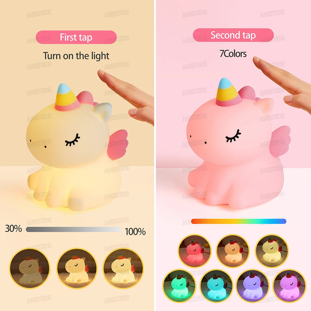 Cute Unicorn Night Light for Kids Silicone Nursery Night Light Dimmable LED Squishy Unicorn Lamp Rechargeable Bedside Lamp