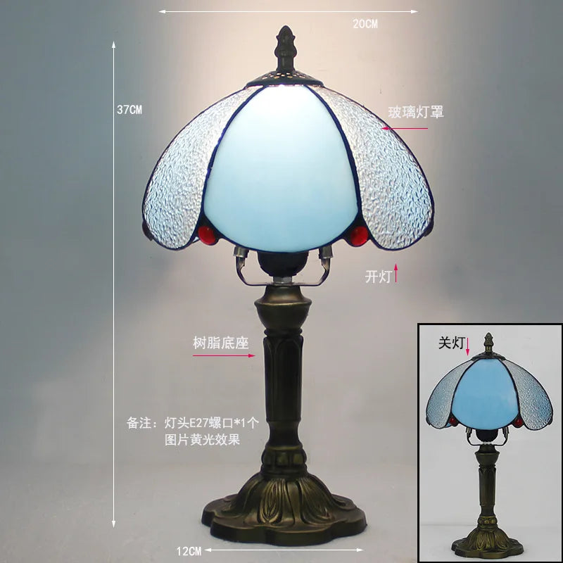 Handmade Stained Glass Table Lamp E27 Retro Lampshade Mediterranean Style Table Light Bedroom Bedside Nightstand Decor Lighting