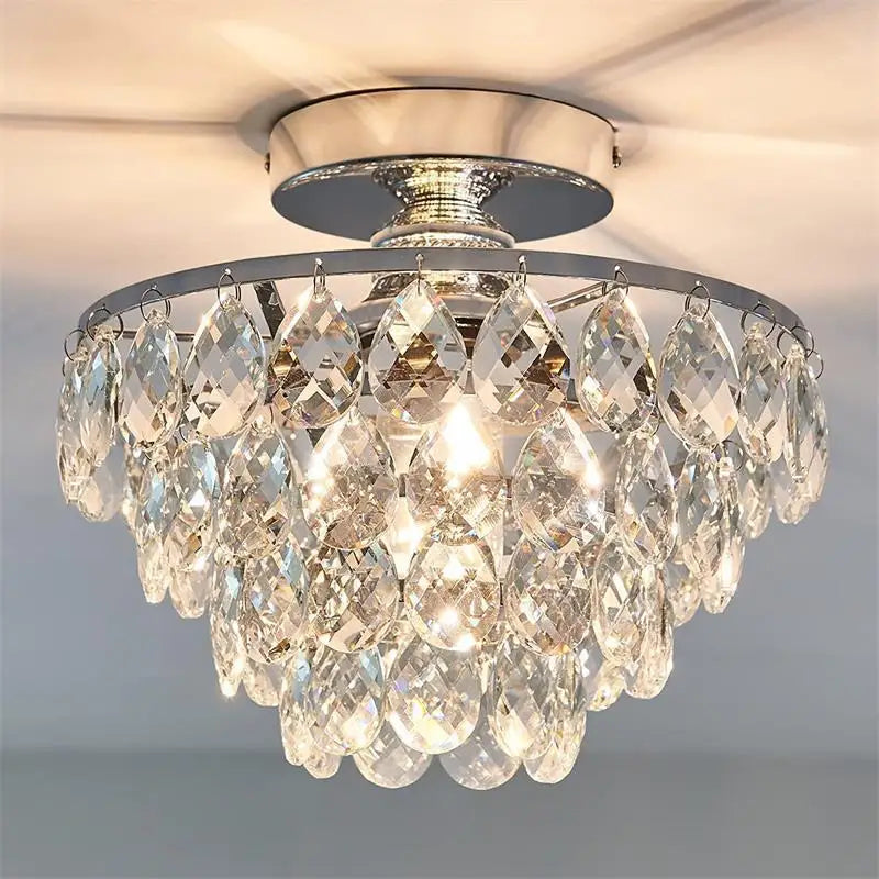 French Style Semi Flush Mount Ceiling Light Gold /Black/Silver Modern Crystal Ceiling Lamp Hallway Cloakroom Small Chandelier