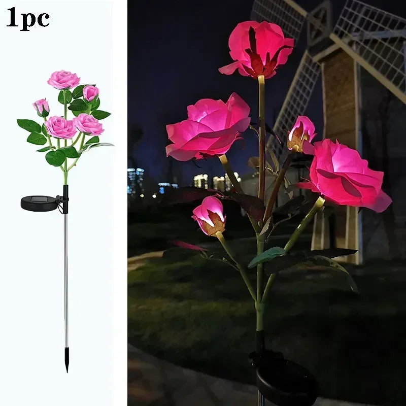 LED Artificial Rose Flower Ground Light Holiday Garden Summer Wedding Party Outdoor Courtyard Patio Decoration Solar Lawn Lamp