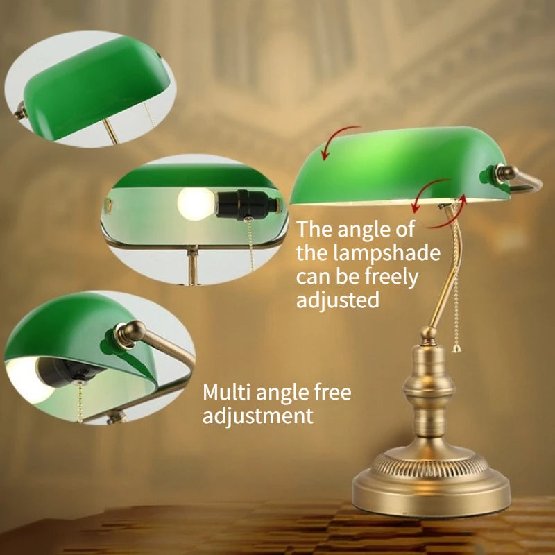 American Retro Table Lamp Classical Vintage Banker Desk Lamp Bedroom Reading Bedside Lamp Office Green Glass Lampshade Bed Lamp