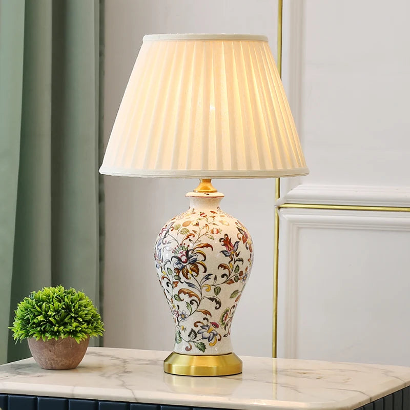 Chinese Ceramic Table Lamp Retro Painted Decoration European Household Warm Bedroom Pleated Bedside Lamp