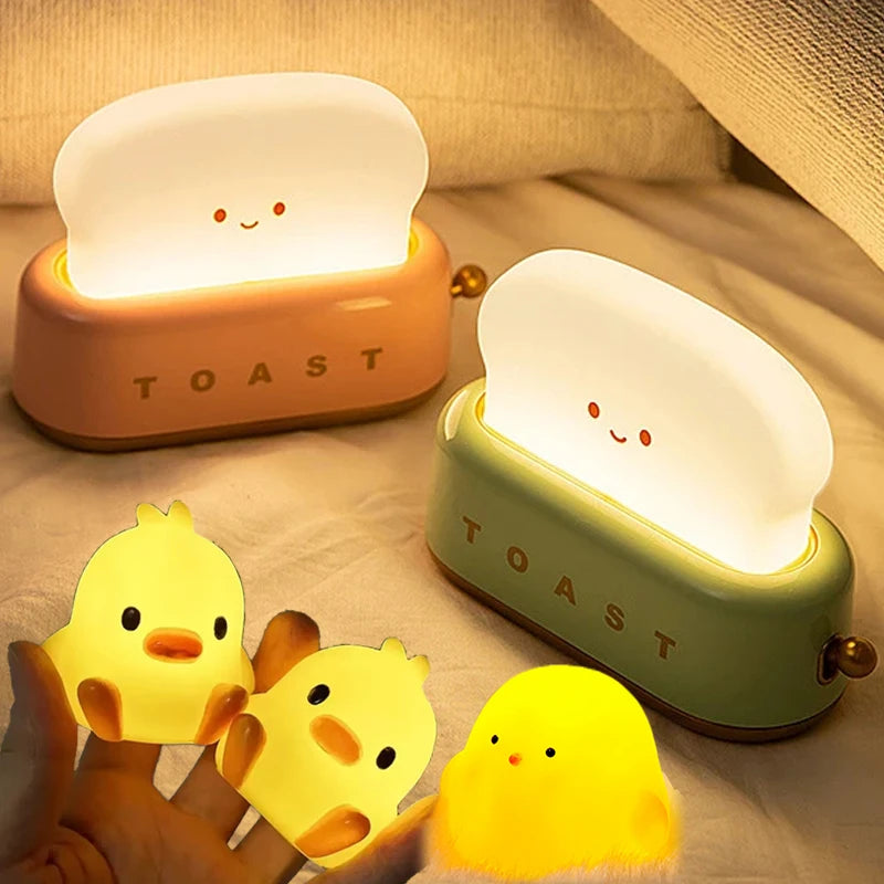 Cute Cartoon Night Light for Kids Bedroom,Toast Bread/Chick/Duck Shaped Led Lamp,Battery Powered or Rechargeable Optional,Gift