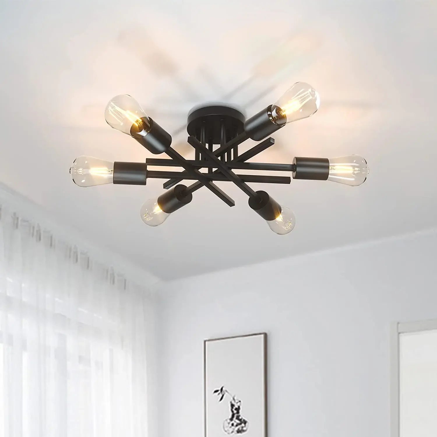Semi Flush Mount Modern Ceiling Lamp Black Iron Mid Century Sputnik Light Fixture for Living Room Bedroom Retro Ceiling Light