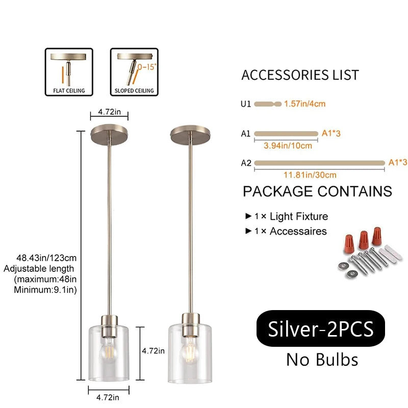  Modern Industrial Pendant Lamp Glass Hanging  Adjustable height Kitchen Dining Room Bedroom Bedside bathroom Decor Lights