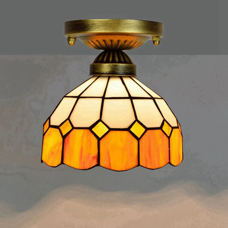 European Stained Glass Ceiling Light - Handcrafted Floral Rose Mosaic, Antique 8Inch Wide Flush Mount for Dining Room/Library