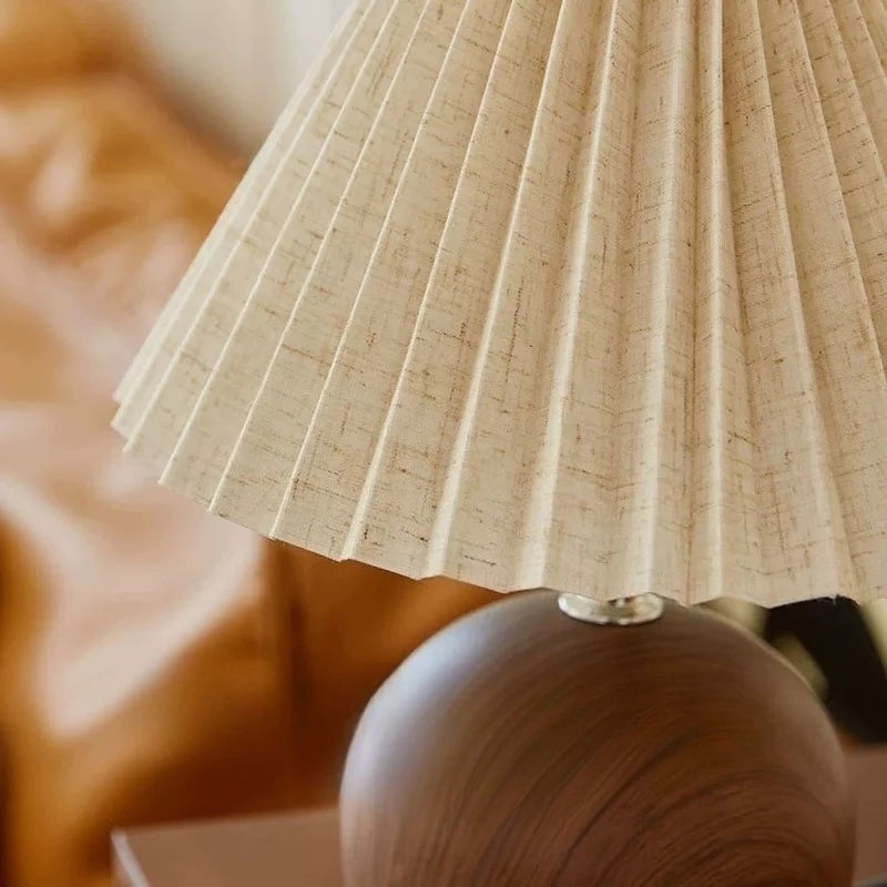 Vintage Pleated Fabric Table Lamp, 3-Level Dimmable Wood Grain Base Bedside Lamp for Bedroom Living Room Home Decor