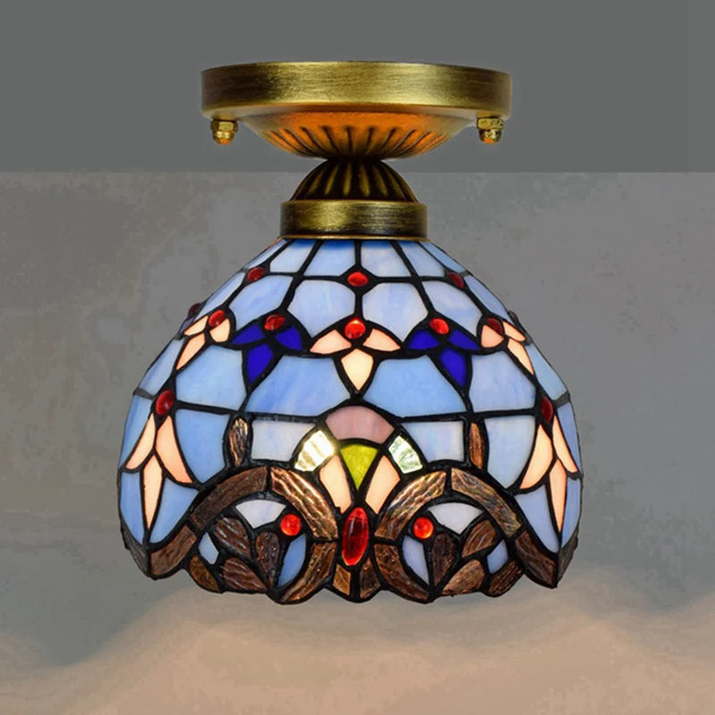 European Stained Glass Ceiling Light - Handcrafted Floral Rose Mosaic, Antique 8Inch Wide Flush Mount for Dining Room/Library