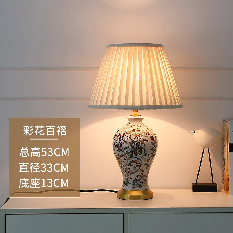 Chinese Ceramic Table Lamp Retro Painted Decoration European Household Warm Bedroom Pleated Bedside Lamp
