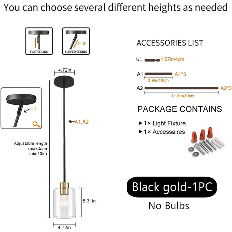  Modern Industrial Pendant Lamp Glass Hanging  Adjustable height Kitchen Dining Room Bedroom Bedside bathroom Decor Lights