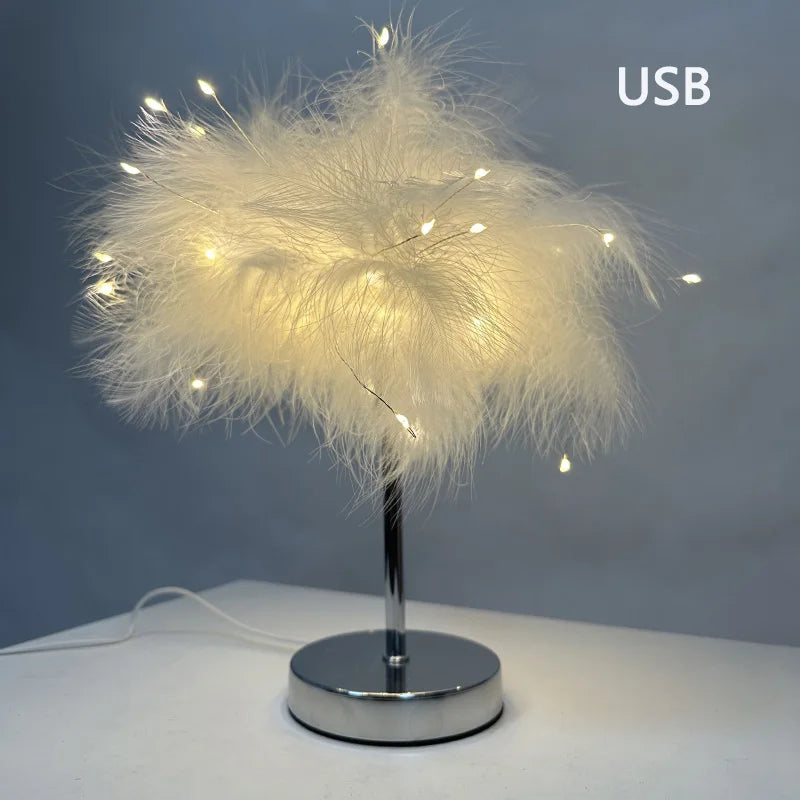 Modern Feather Table Lamp Bedroom Table Lamp Bedside Lving Room  Coffee Decorative Lights Christmas Decoration Romantic Ligsting