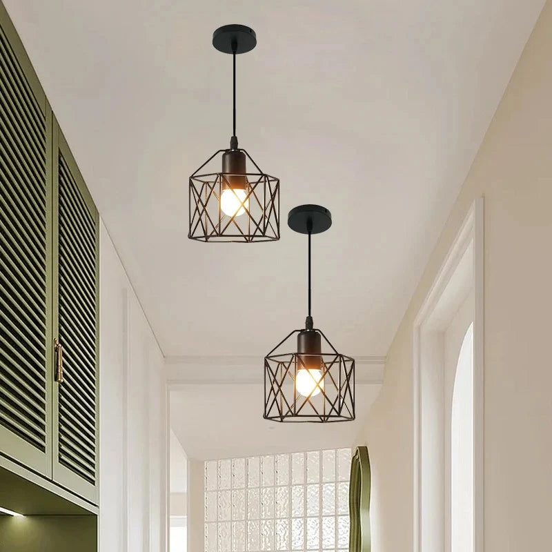 Modern LED Pendant Light Iron Gold Black Minimalist Metal Cage Pendant Lamp Living Room Restaurant Shop Bar Fixture Decoration