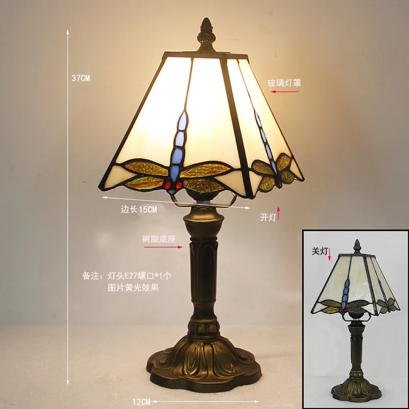 Handmade Stained Glass Table Lamp E27 Retro Lampshade Mediterranean Style Table Light Bedroom Bedside Nightstand Decor Lighting