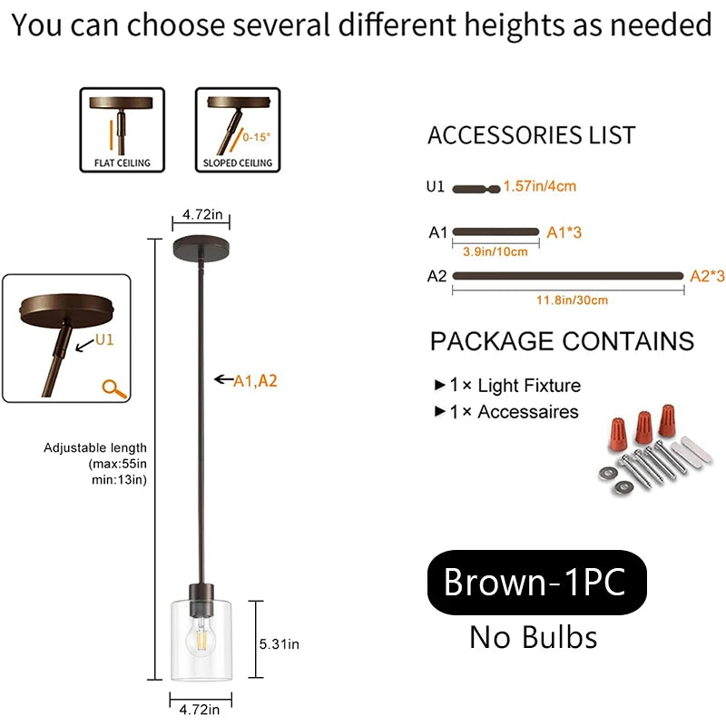  Modern Industrial Pendant Lamp Glass Hanging  Adjustable height Kitchen Dining Room Bedroom Bedside bathroom Decor Lights